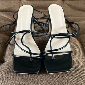 Black square toe lace up heel
